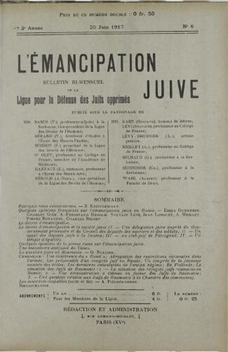 L'Emancipation Juive. Vol. 2 n° 6 (20 juin 1917)